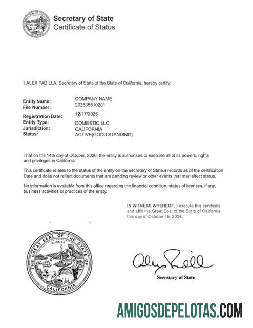 Certificado de boa reputação dos EUA, Califórnia, modelo Word e PDF para impressão, versão 2